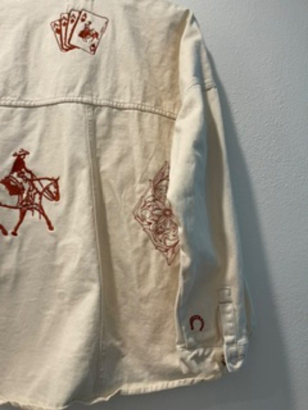 One of a Kind Embroidered Western Cream Denim Jacket L - Picture 6 of 9
